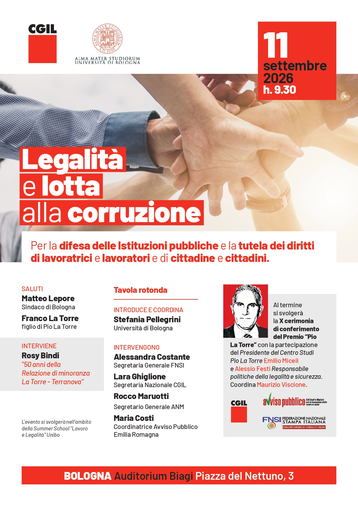 X Premio Pio La Torre: Avviso Pubblico, Cgil nazionale e Fnsi , l'11 settembre a Bologna la consegna dei riconoscimenti