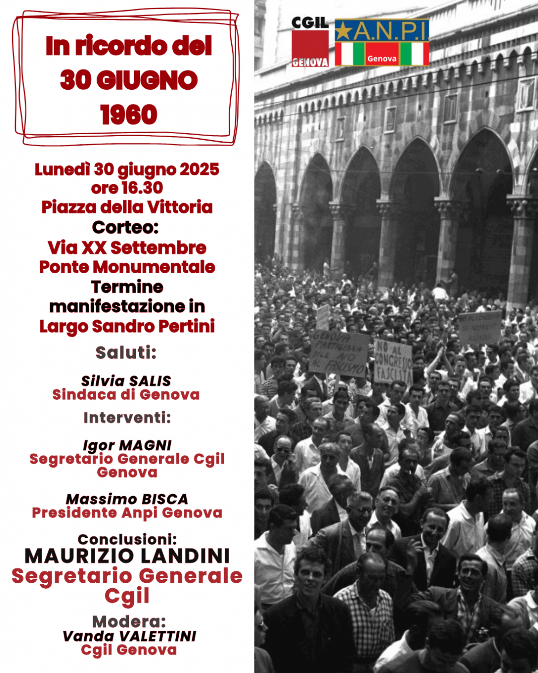 30 giugno 1960 – 30 giugno 2025: il ricordo di Cgil e Anpi con la partecipazione di Maurizio Landini