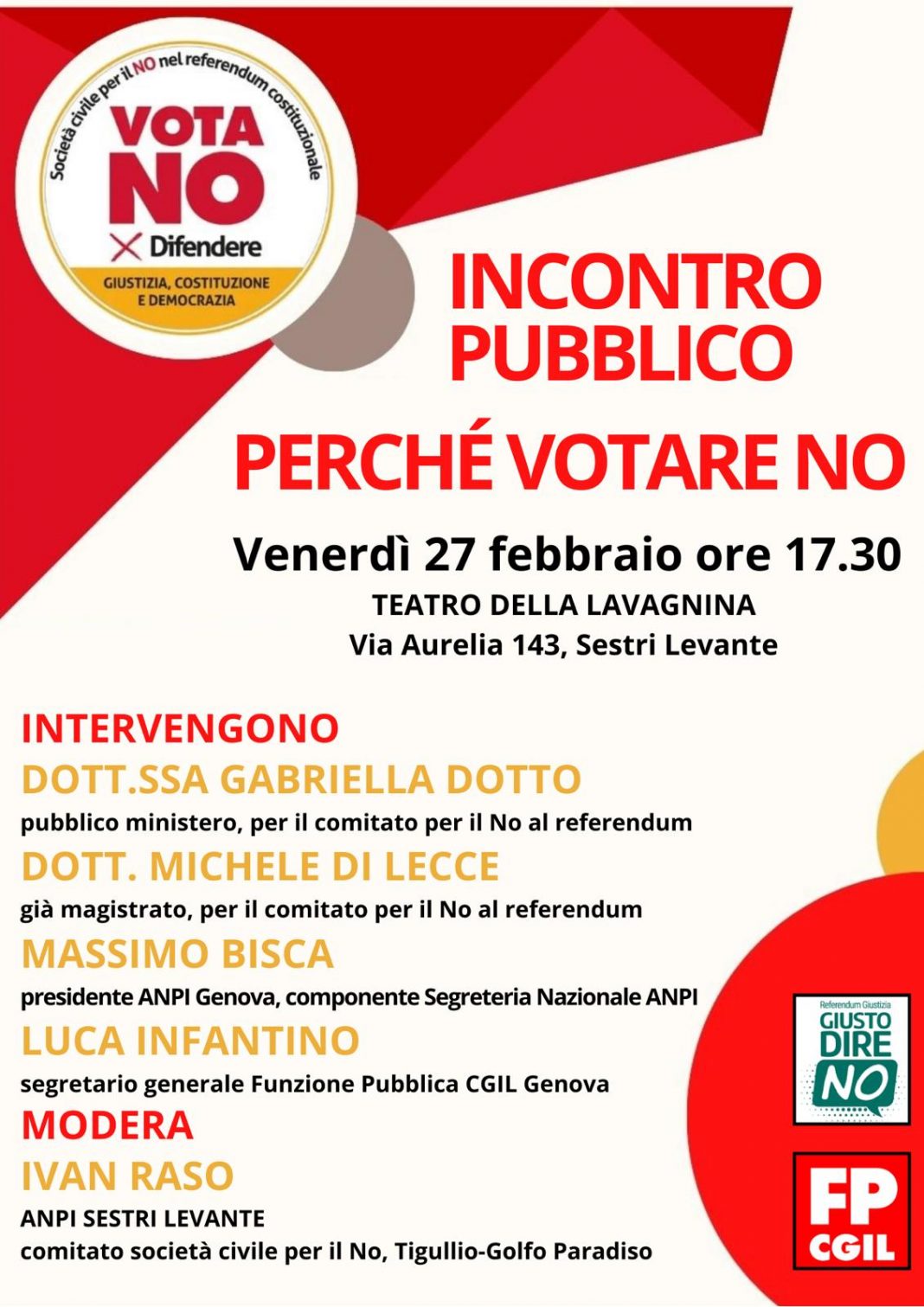 Sestri Levante, venerdì 27 febbraio incontro pubblico per il NO al referendum costituzionale sulla giustizia