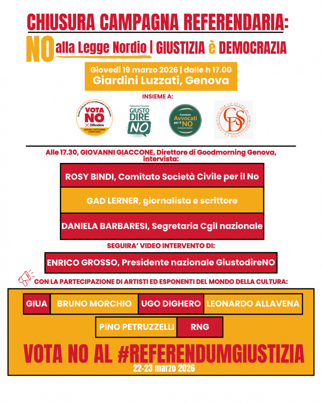 Chiusura campagna referendaria per il NO: giovedì 19 marzo ai Giardini Luzzati
