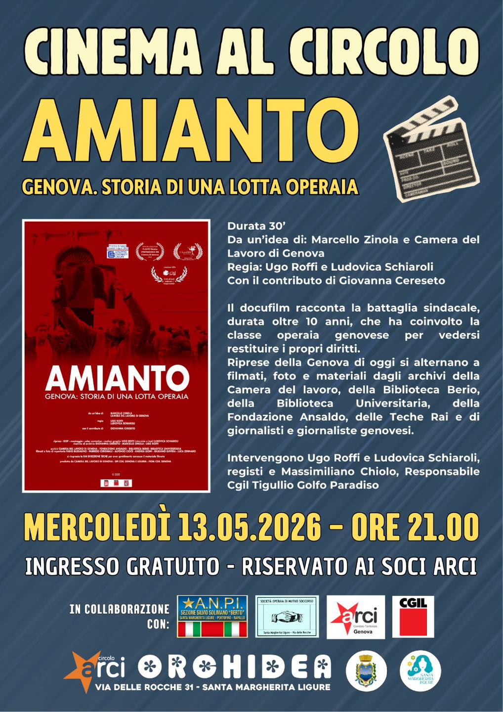 Mercoledì 13 maggio a Santa Margherita Ligure il docufilm “Amianto. Genova, storia di una lotta operaia”