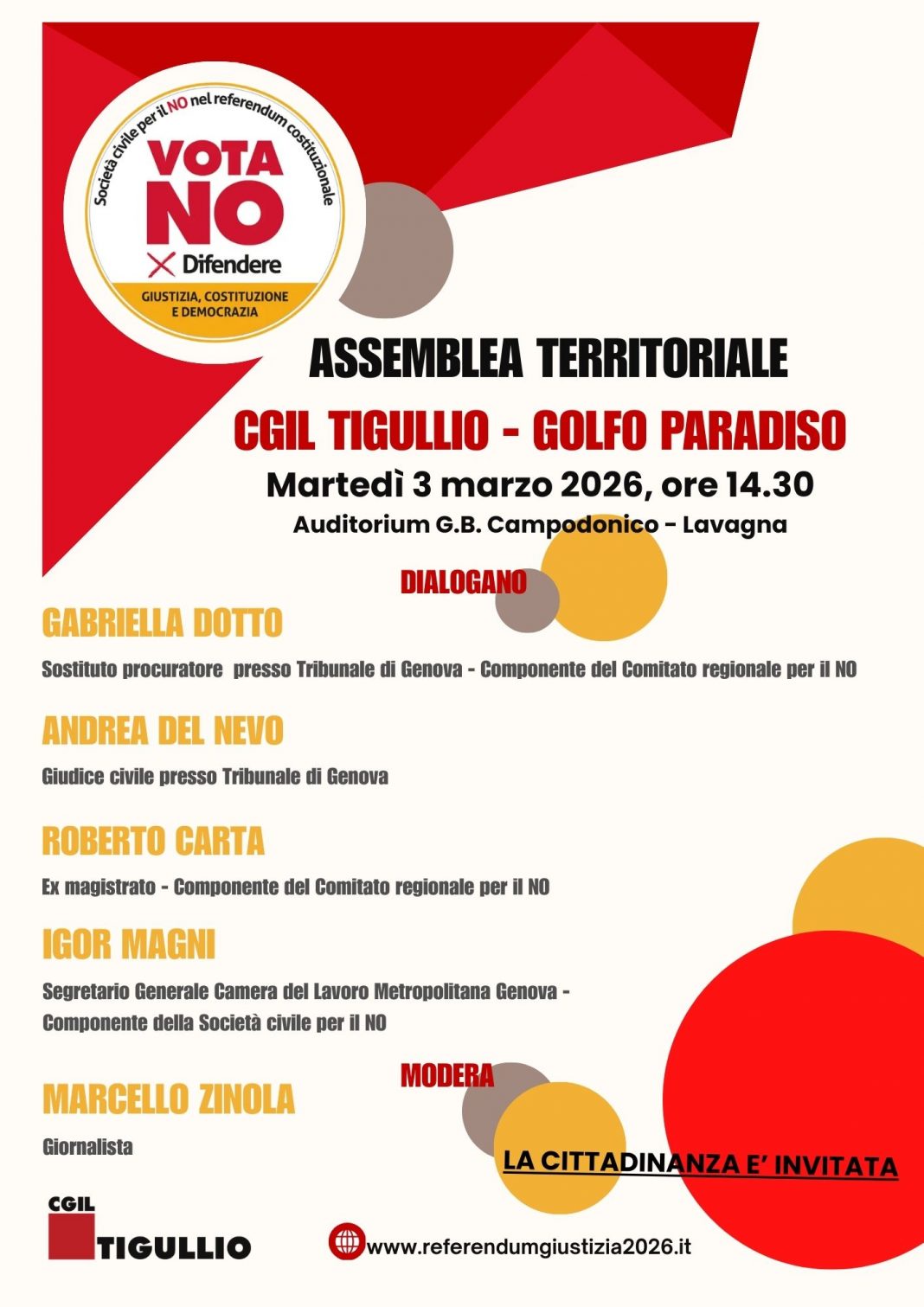 Lavagna, assemblea "Vota no per difendere Giustizia, Costituzione, Democrazia"