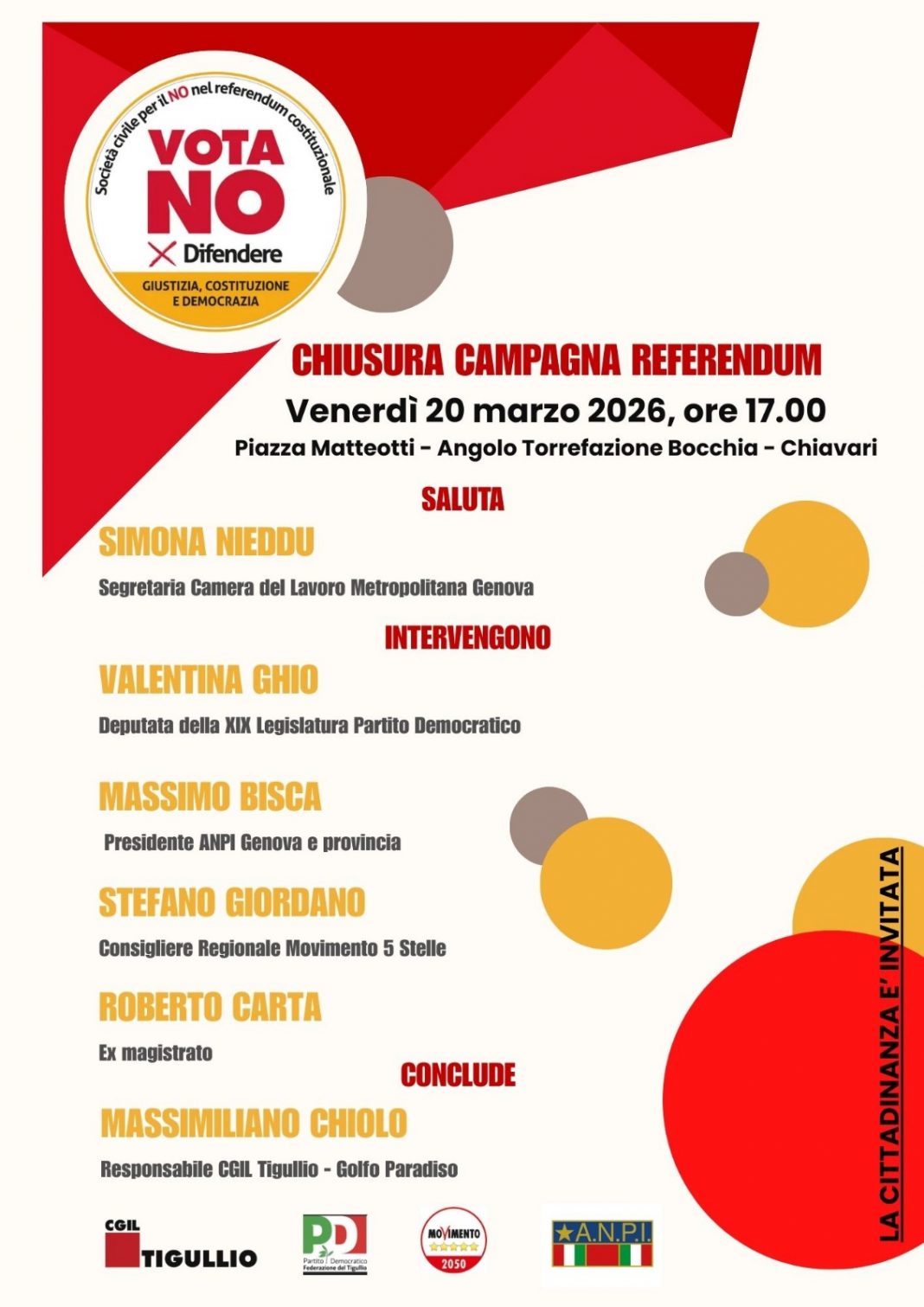 Referendum Giustizia: venerdì 20 marzo a Chiavari la chiusura della campagna per il No