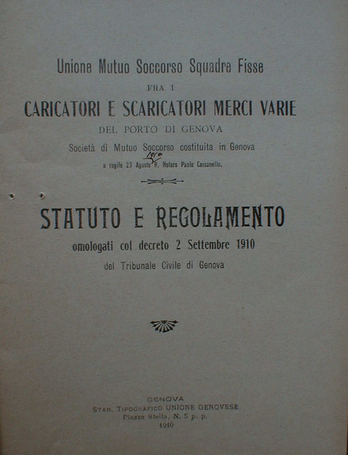 Sms Squadre fisse Statuto 1910 frontespizio 1