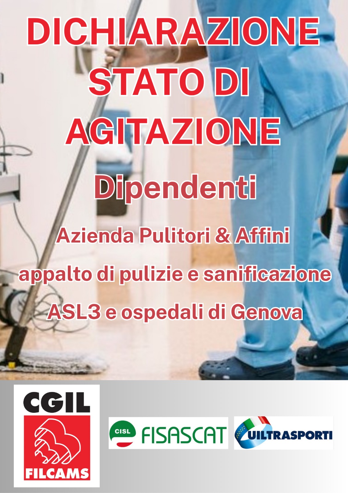 Dichiarazione di stato di agitazione Appalto Sanificazione e Pulizie Distretti ASL 3 e Ospedali di Genova
