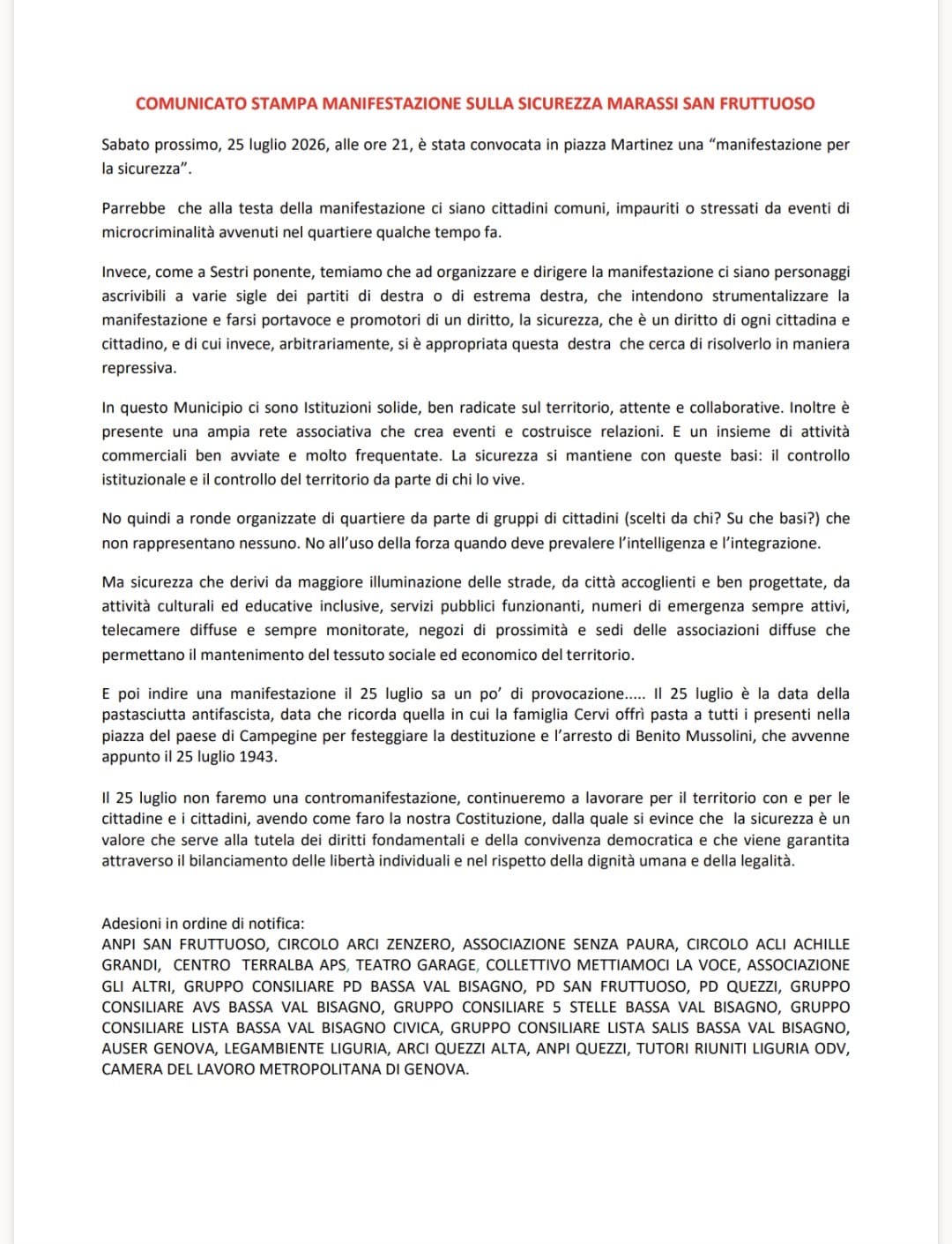 COMUNICATO STAMPA MANIFESTAZIONE SULLA SICUREZZA MARASSI SAN FRUTTUOSO