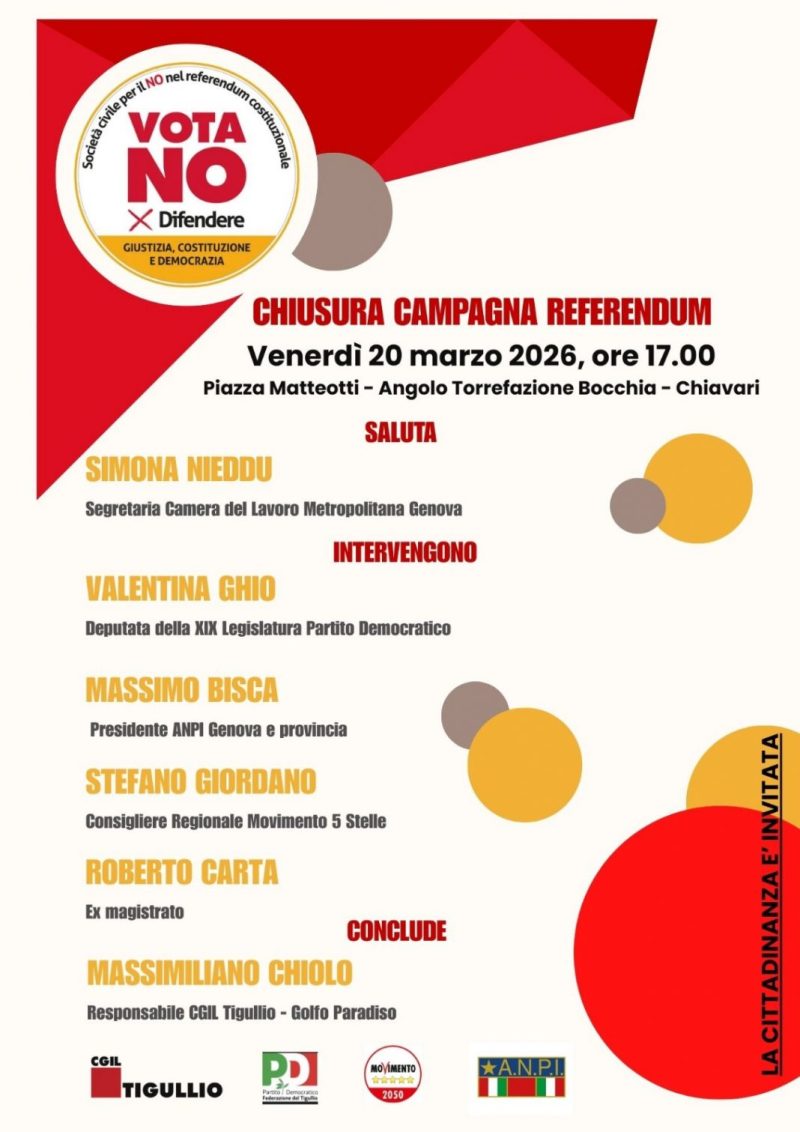 Referendum Giustizia: venerdì 20 marzo a Chiavari la chiusura della campagna per il No