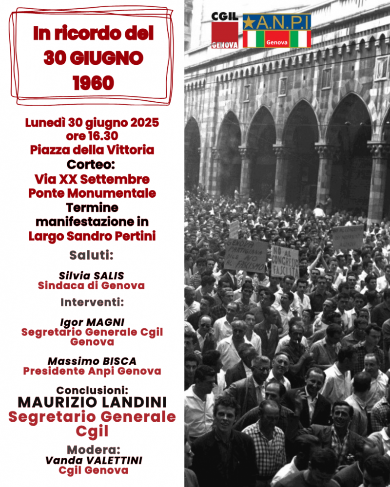 30 giugno 1960 – 30 giugno 2025: il ricordo di Cgil e Anpi con la partecipazione di Maurizio Landini