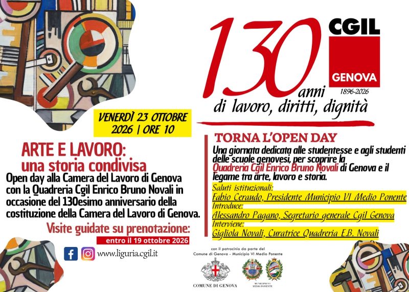 Venerdì 23 ottobre openday alla Quadreria Cgil Enrico Bruno Novali della Camera del Lavoro di Genova