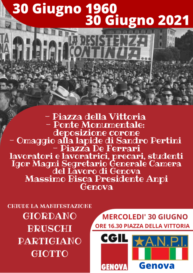 LA RESISTENZA CONTINUA.. MERCOLEDI’ 30 GIUGNO 2021 ORE 16.30 GENOVA – PIAZZA DELLA VITTORIA