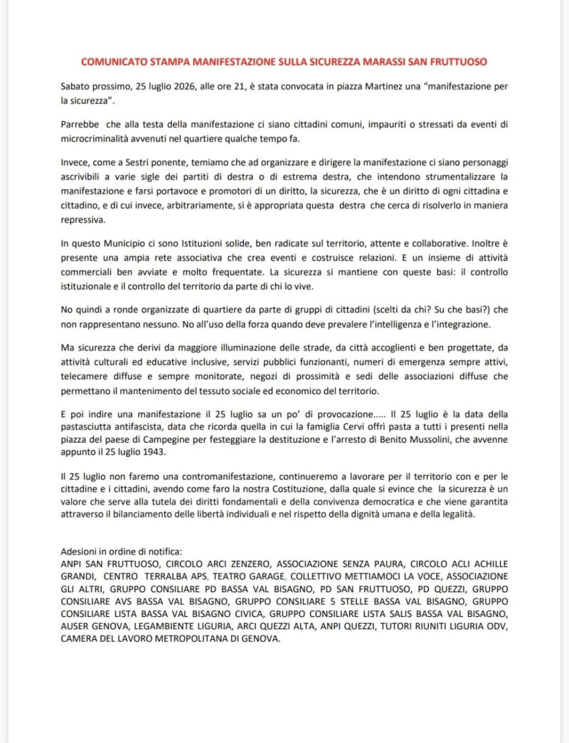 COMUNICATO STAMPA MANIFESTAZIONE SULLA SICUREZZA MARASSI SAN FRUTTUOSO