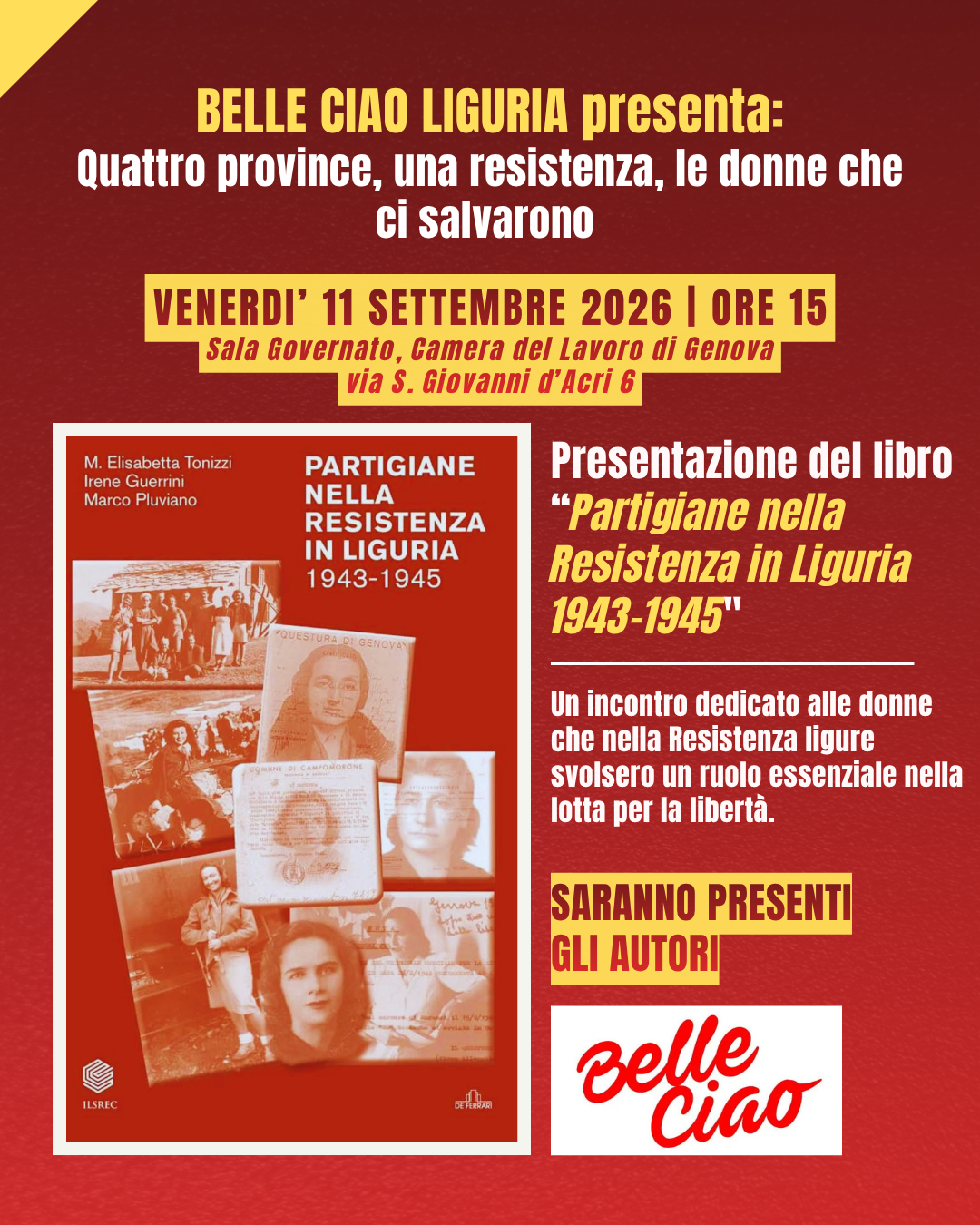“Partigiane nella Resistenza in Liguria: 1943 – 1945” - presentazione libro venerdì 11 settembre ore 15