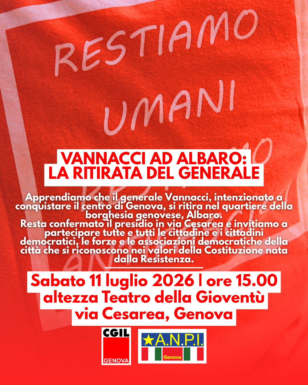Il Generale Vannacci si ritira ad Albaro ma il presidio democratico all’altezza del Teatro della Gioventù in via Cesarea resta confermato