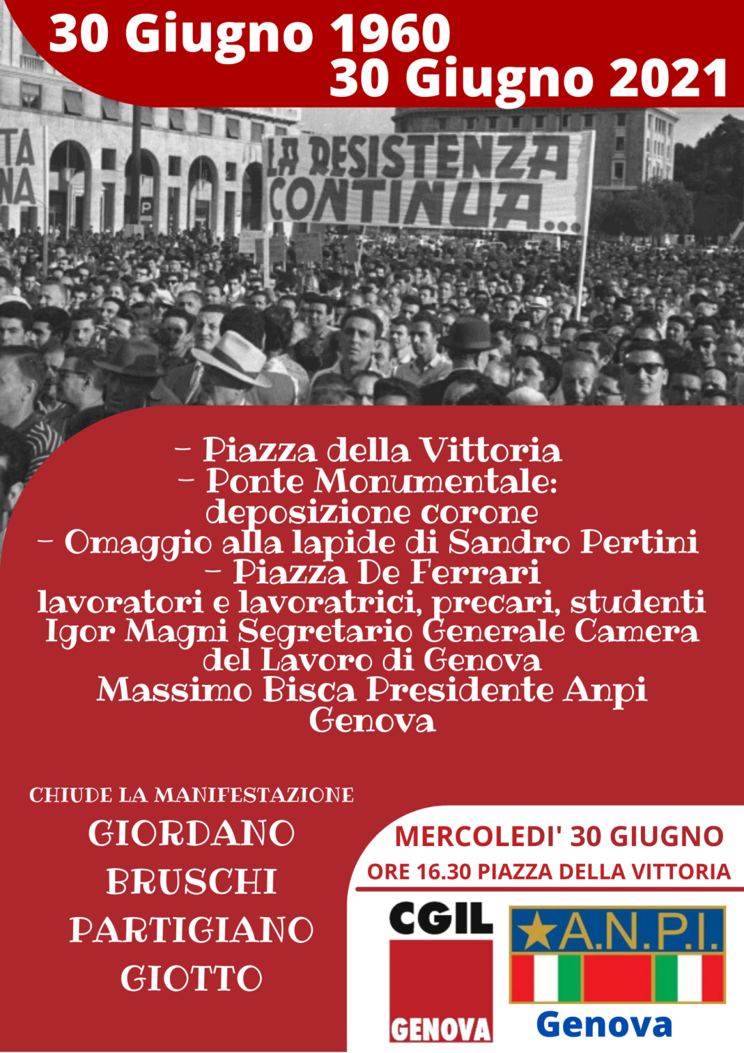 LA RESISTENZA CONTINUA.. MERCOLEDI’ 30 GIUGNO 2021 ORE 16.30 GENOVA – PIAZZA DELLA VITTORIA