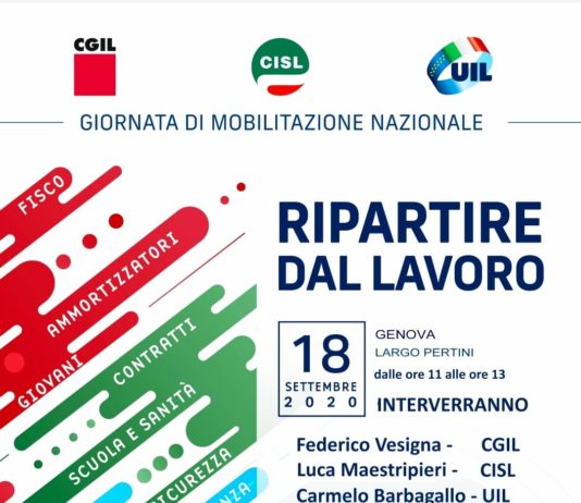 Assemblea Cgil Cisl Uil a Genova: ripartire dal lavoro locandina 18 settembre 2020