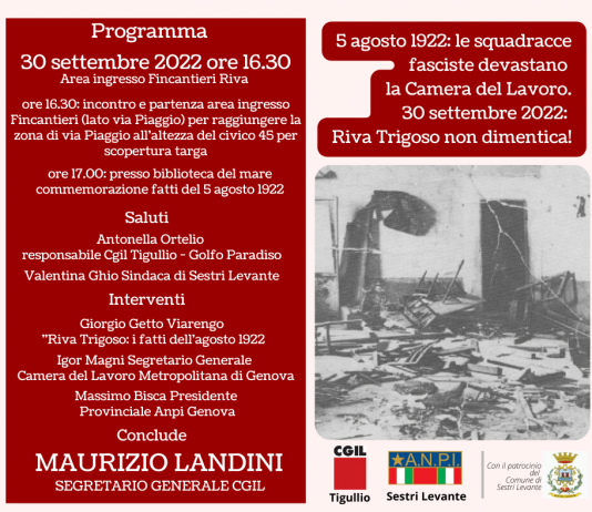 1922-2022 Cento anti dall’aggressione fascista alla Camera del Lavoro di Riva Trigoso Manifestazione “Riva Trigoso non dimentica!”