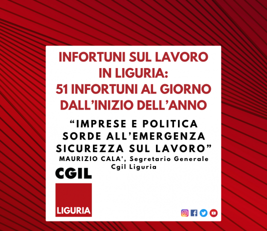 Infortuni sul lavoro in Liguria: 51 infortuni al giorno dall’inizio dell’anno