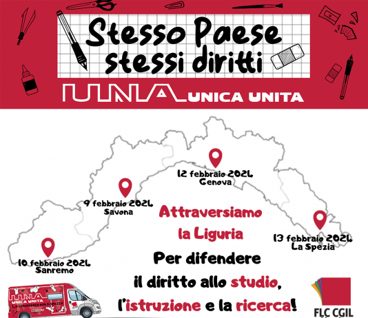“Stesso Paese, stessi diritti” Dal 9 al 13 febbraio la carovana Flc Cgil contro l’autonomia differenziata arriva in Liguria