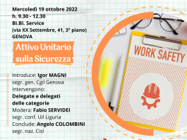 Sicurezza sul lavoro: mercoledì 19 ottobre a Genova l’attivo unitario Cgil Cisl Uil