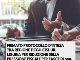 Irpef, firmato protocollo d’intesa tra Regione e Cgil Cisl Uil Liguria per la riduzione della pressione fiscale per le fasce di reddito più basse