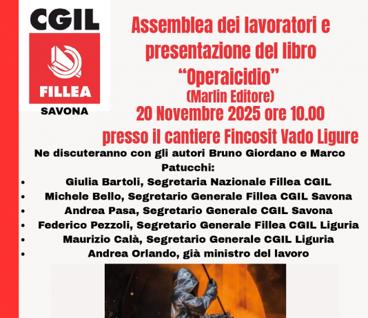 Giovedì 20 novembre 2025 ore 10.00 – Cantiere Fincosit Vado Ligure assemblea dei lavoratori e presentazione del libro “Operaicidio”