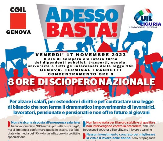 “Adesso basta”: venerdì 17 novembre sciopero Cgil e Uil dei dipendenti pubblici, sanità, trasporti, scuola, università. Manifestazione a Genova